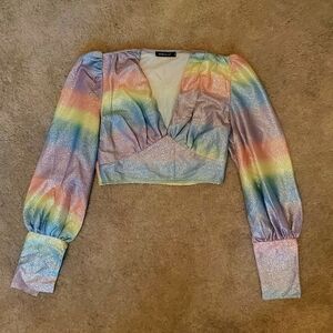 Multicolor Rainbow Shimmer V Neck Crop Top Sz Meduim LIKE NEW